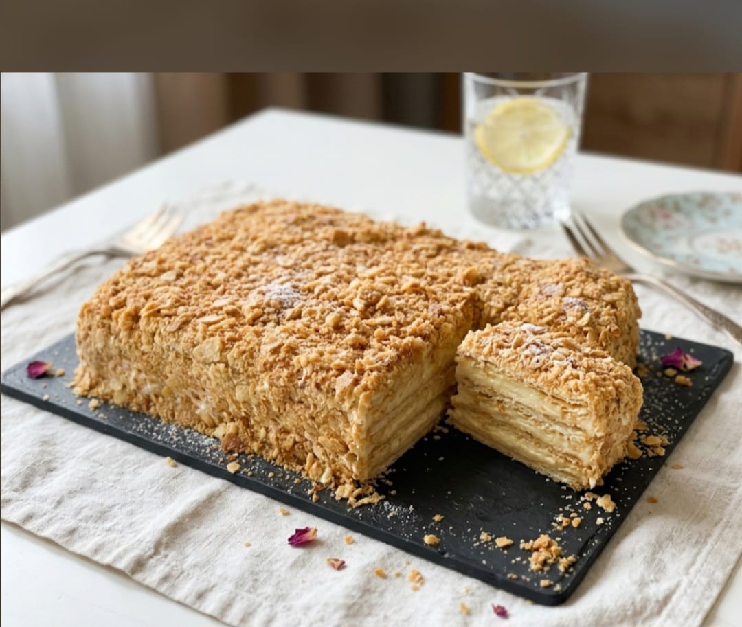 Napoleon cake with custard on cream