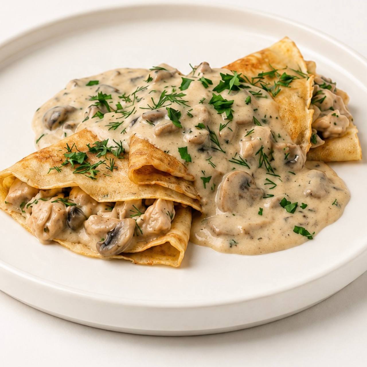 Crepes with chicken and mushrooms